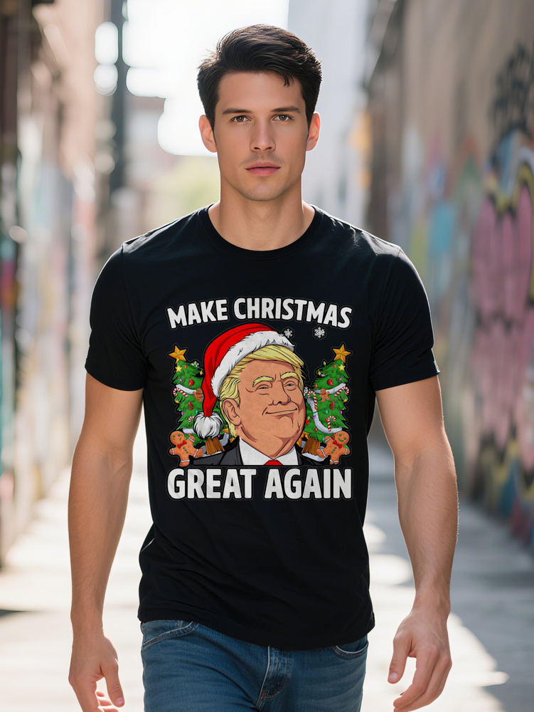 Men s Make Great Again Humorous Graphic Tee Casual Black Short Sleeve T Shirt with Santa Hat Design Ideal Holiday