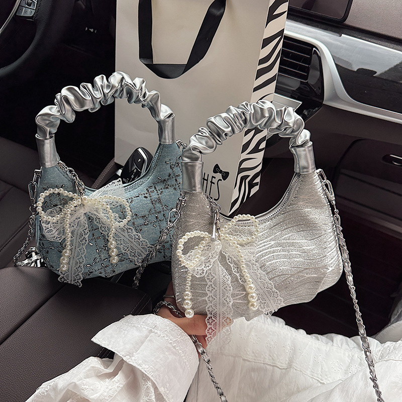 Free Shipping Designer Women's Wrinkle Cloud Bag Mini Handbag New Casual Chain Shoulder Bag Fashionable Luxury PU Denim Glitter Makeup Bag