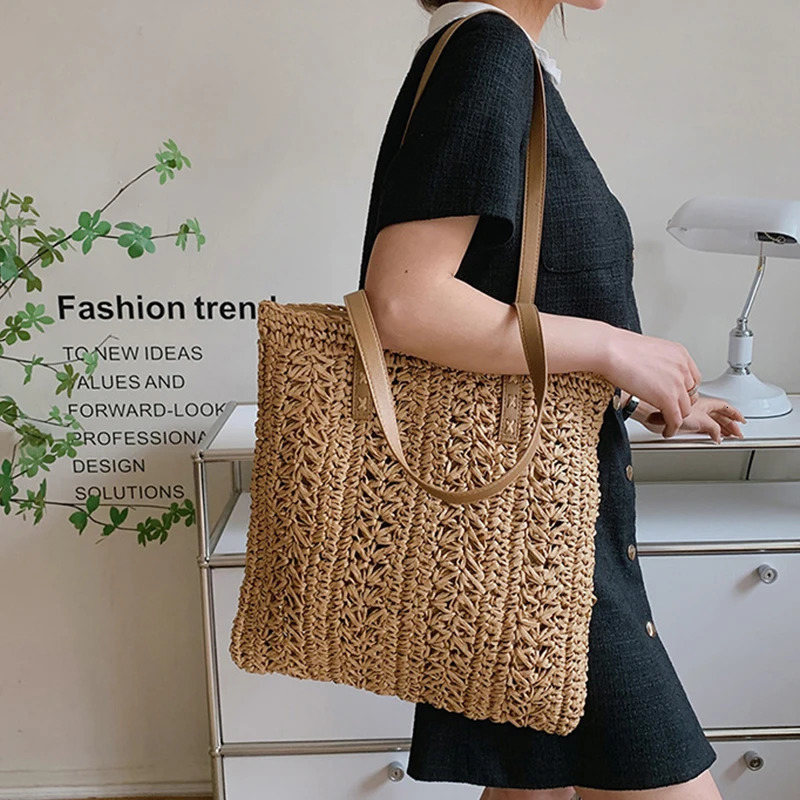 Square Hollow Straw Beach Bag Handmade Woven Shoulder Bag Raffia Rattan Shopping Travel Bag Bohemian Summer Vacation Casual Tote250813