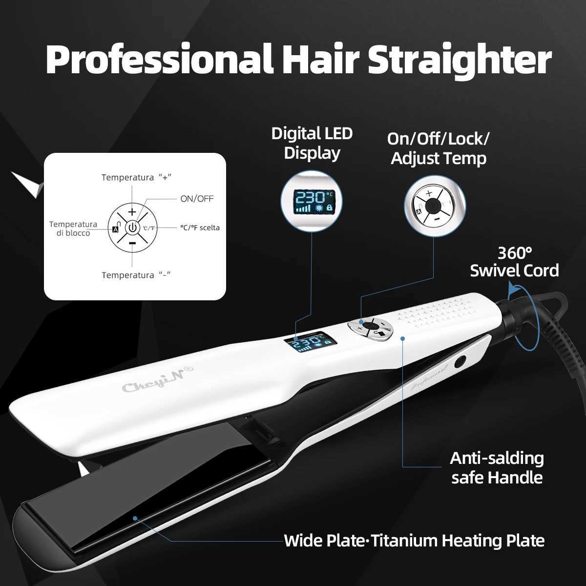 44mm Tourmaline Ceramic Hair Straightener with LCD Display Fast Heating Flat Iron Adjustable Temperature Straightening Iron W250814