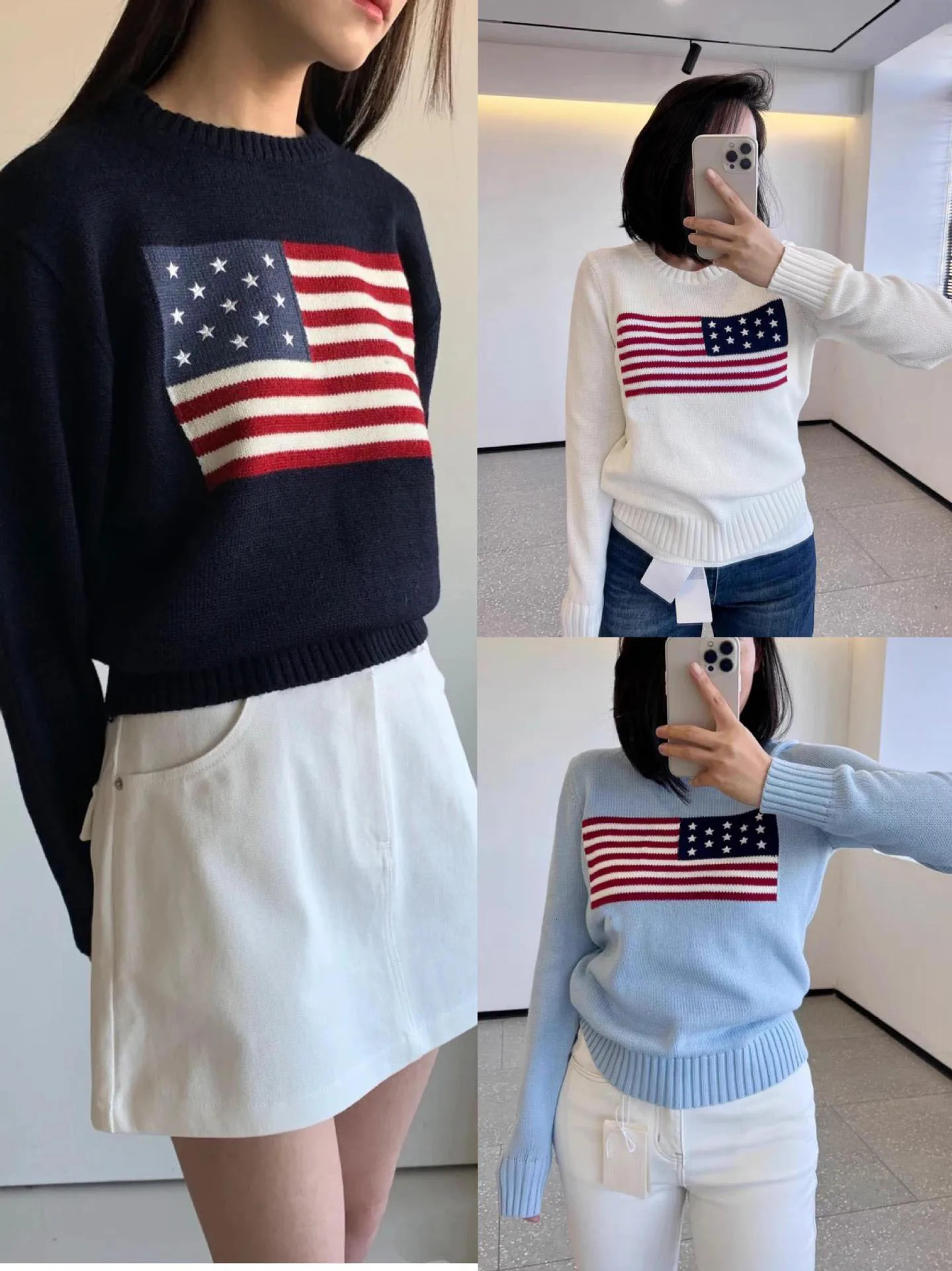 Autumn womens round neck national flag embroidery fashionable temperament commuting versatile pullover knitted sweater 250808