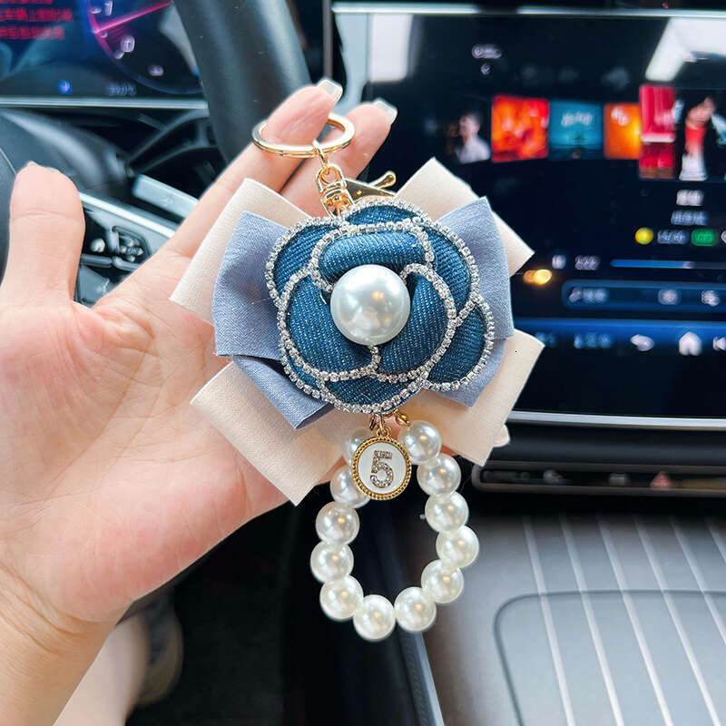 Unique Denim Color Block Bow Keychain with Rhinestone Edge Camellia Pearl Chain Bag Pendant