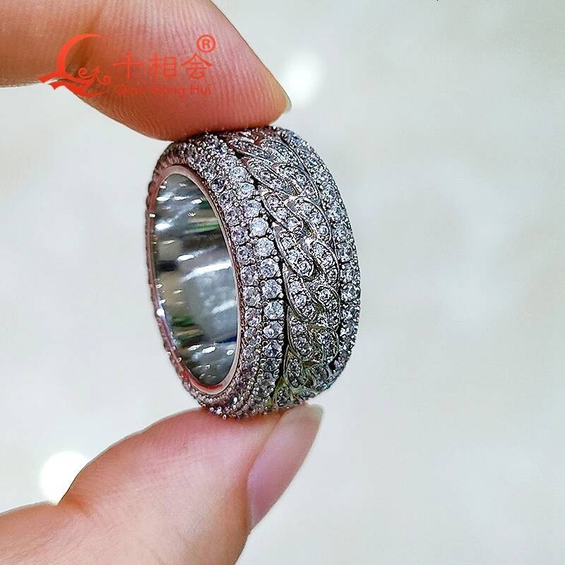 Hip Hop D VVS White Moissanite Double Rotatable Ring 925 Sterling Silver Eternity Band Unisex Jewelry Gift