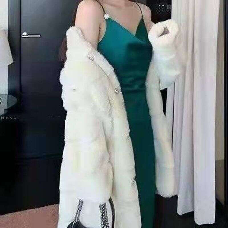 Faux Fur Coats Women Mid Length Coat Thick Warm Stand Collar White Apricot Open Stitch Autumn Winter Maxi Furry Outerwear