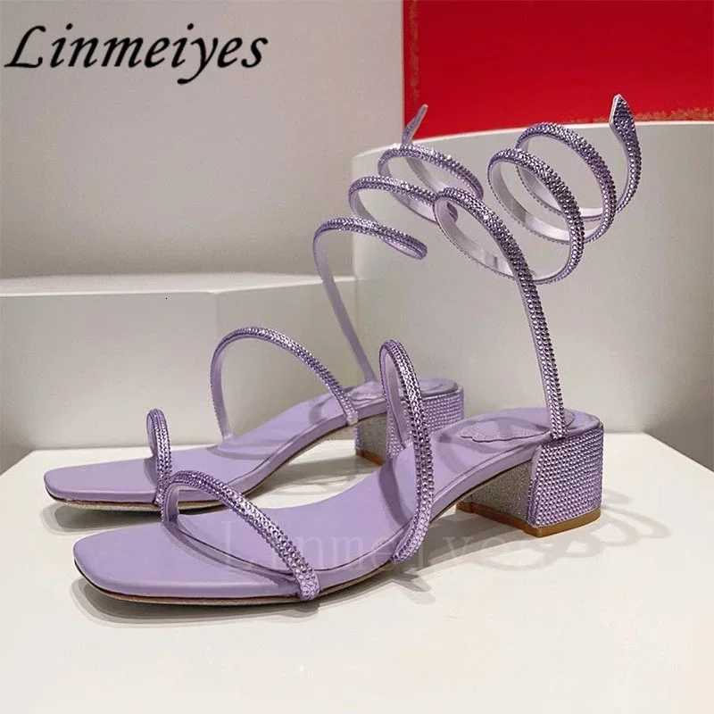 2024 Summer Crystal Sandals Women Ankle Snake Twine Around Wedding Shoes Female Square Heels Sandals Woman W250814