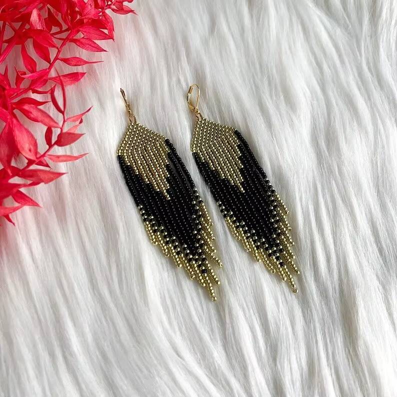 Exaggerated Handmade Bohemian Beaded Hoop Long Tassel Earrings