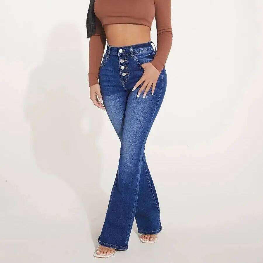 High Street Fashion High-waisted Women Four Seasons New Temperament Slim Micro-flared Jeans Casual Breasted Denim Pants