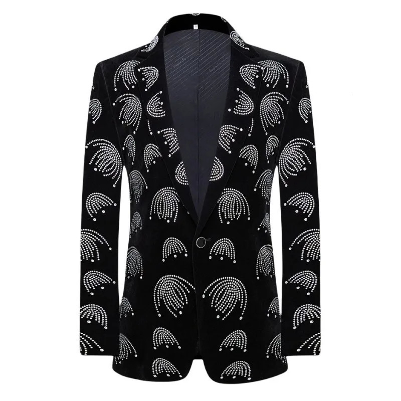 Black Velvet Rhinestones Suit Jackets Male Banquet Prom Groom Wedding Blazers Slim Fit Bar Concert Singer Host Tuxedo Stage Coat 250811