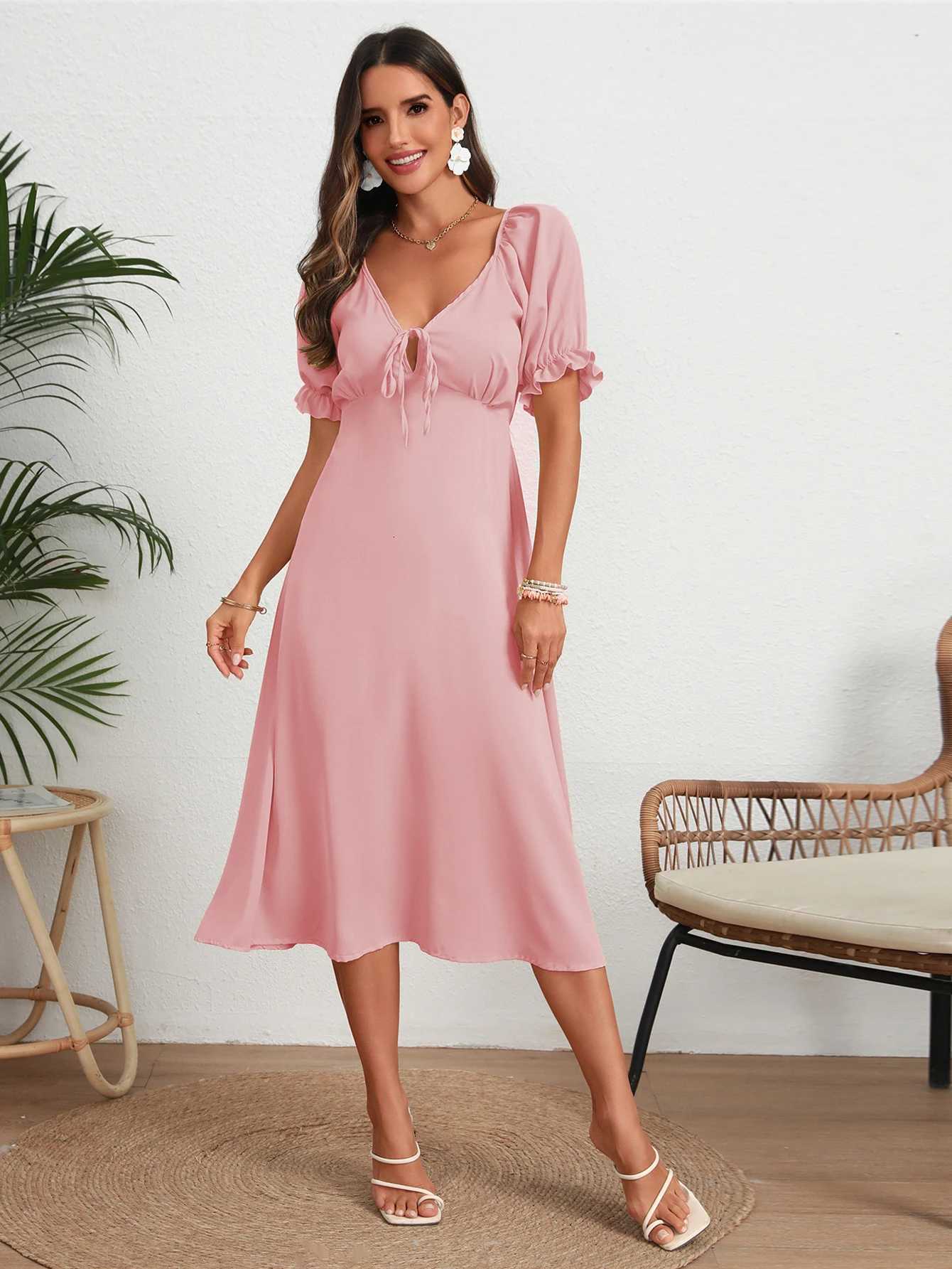 Summer Solid Color Ele Womens Dress New Back Lace Up Deep V Neck Lantern Sleeve Long Dresses XJ250814