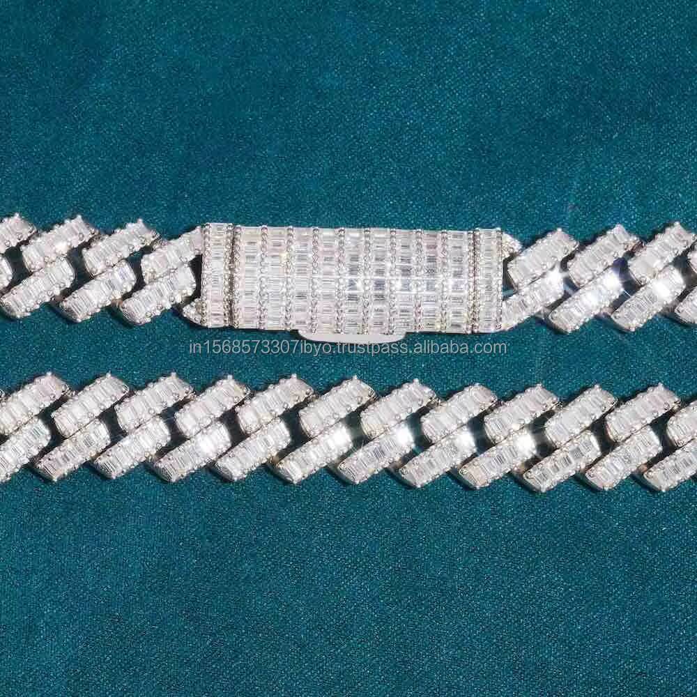 Premium 20mm Round and Baguette Moissanite Diamond Men Cuban Link Iced Out Rapper Chain Available From India