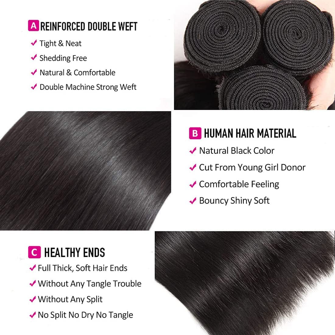 Straight Human Hair Brazilian Straight Hair Bundles 100% Unprocessed Virgin Hair Weave Bundle Human Hair Extensions for Women Natural Color