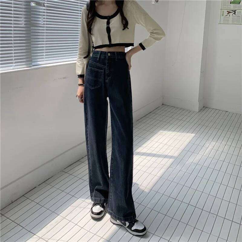 Autumn Spring Women Denim Vintage Straight Trousers Fashion Female Solid Pocket Casual Jeans Wide Leg Pants