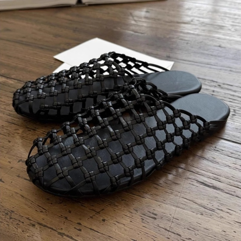Woman Sandals Mules Sheepskin Hand-woven Mesh Breathable Hollow Fishing Net Flat-bottomed Half-slippers For Women For Summer Outdoor Round Toe Solid C