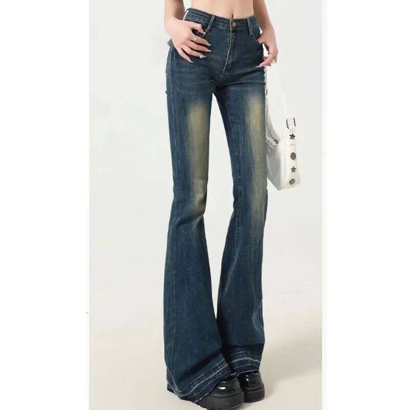 Woman New Waist Designer Flare Jeans Girls High Street Vintage Y2k 2000s Bell Bottom Pants Female Blue Baggy Denim Trousers