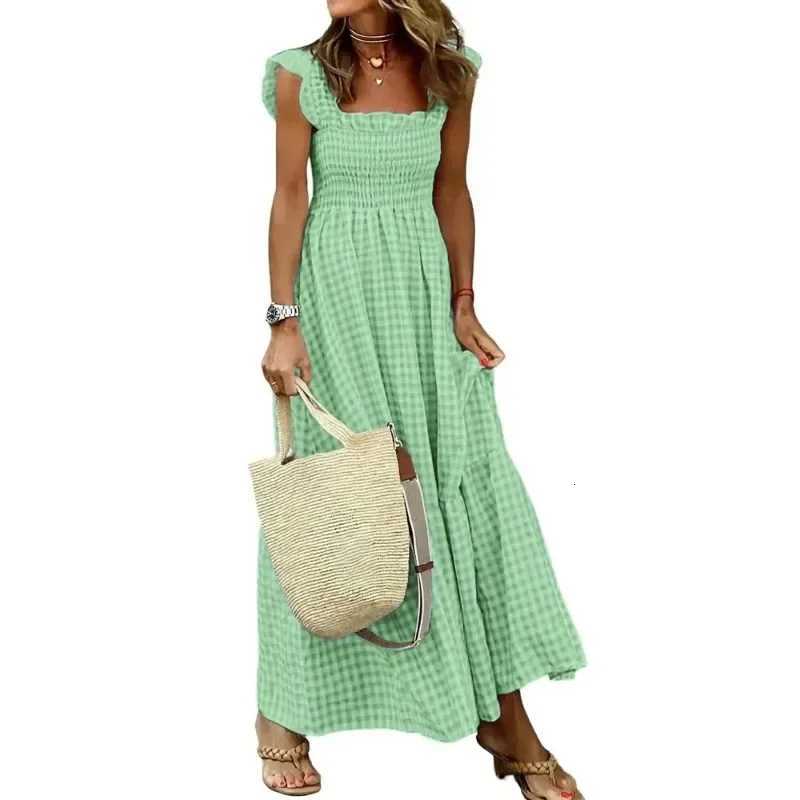 100% Plaid Slip Maxi Long Dress Summer Women Strapless Ruffle Backless Pleated Elastic Waist Boho Party Swing Loose Dresses XJ250814