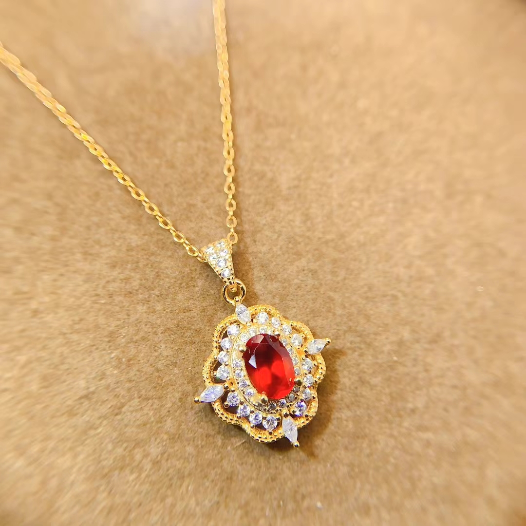 18K gold plated 925 silver fanta garnet pendant 5mm*7mm natural garnet necklace pendant 45cm 925 silver necklace