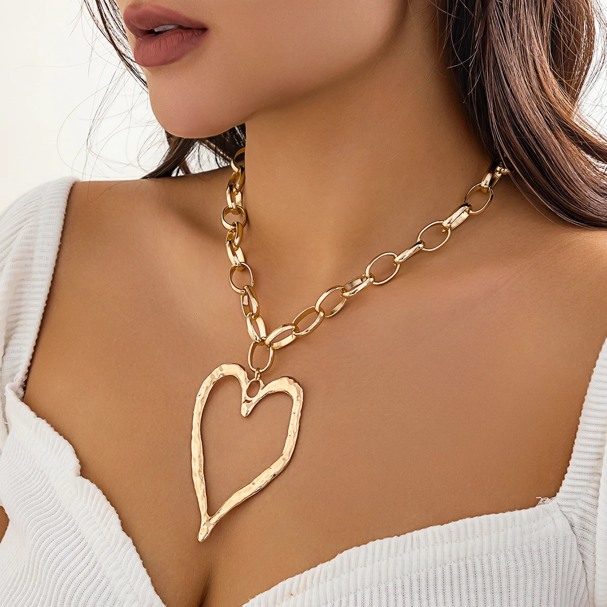 Lacteo Punk Big Heart Ring Pendant Necklace Metal Link Chain Charm Choker Women Party Jewelry On The Neck Unisex Gifts 250812