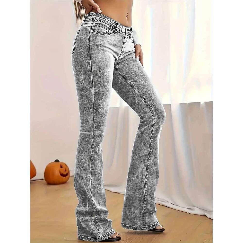 Fashion Women's Gray Low-Rise Slim Fit Bootcut Jeans, Y2K Style, Snow Wash, Streetwear Elegant Denim Pants