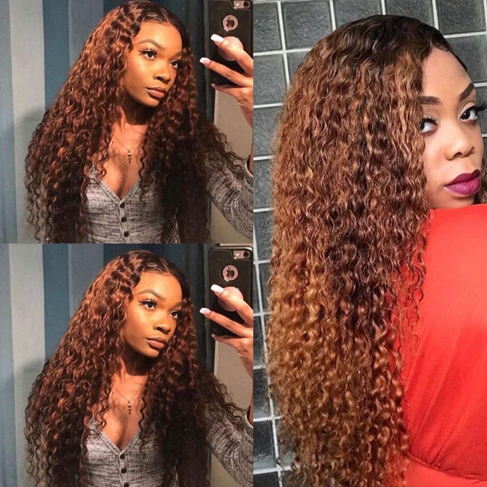 Deep Wave Lace Front Wigs Ombre Auburn Brown with Black Roots Glueless Wigs Pre-plucked Synthetic Water Wave Frontal Wig with Baby Hair