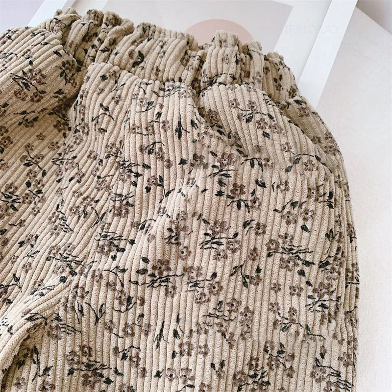 Spring Autumn Girls Korean Corduroy Floral Pants Thicken Fleece Warm Children Trousers Fashion Leopard Print Boys Pants Outwear 250813
