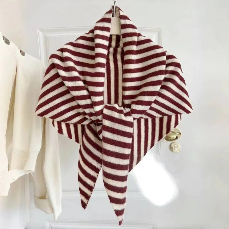 Fahion Women Scarf Autumn Winter Wool Blend Triangle Muffler Lady Shawl Korean Style Striped Thick Warm Wrap Female 250808