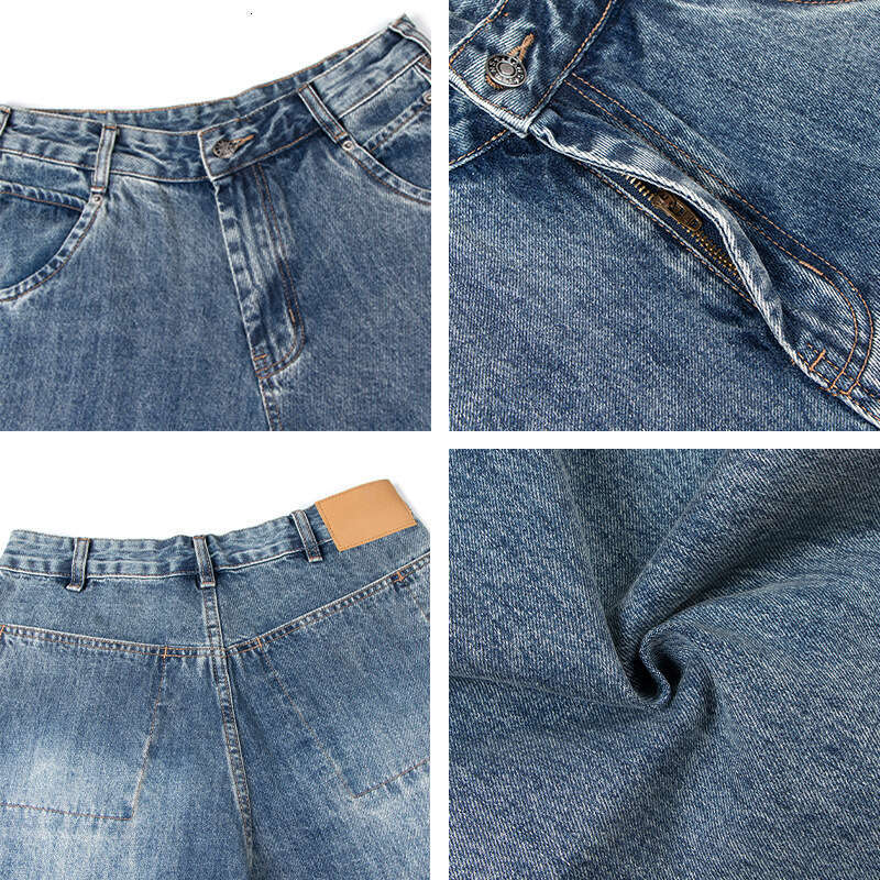 American Style Washed Vintage Loose Straight Jeans Unisex Wide Leg Casual Couple Pants B5