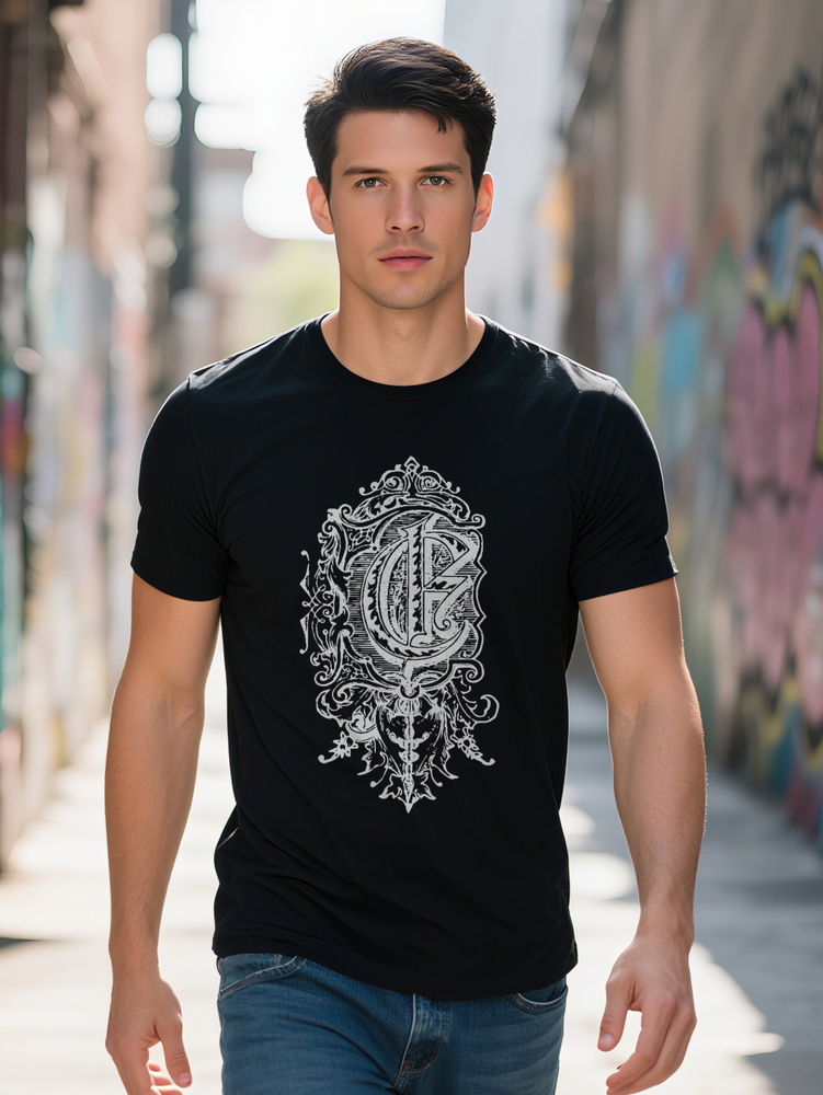 Men s Casual Short Sleeve T Shirt with Ornate Monogram Print Black White Round Neck Summer Top Breathable Regular
