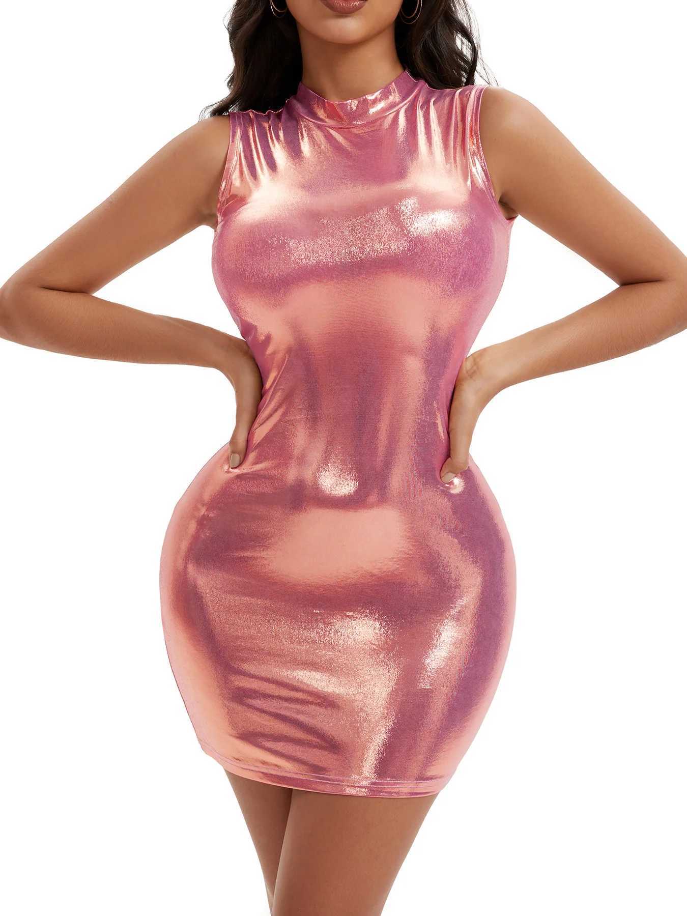 Runs Small Womens Nightclub See-Through Womens Gold-Stamped Tight Dress Fashionable High Collar Sleeveless Mini Dress XJ250814