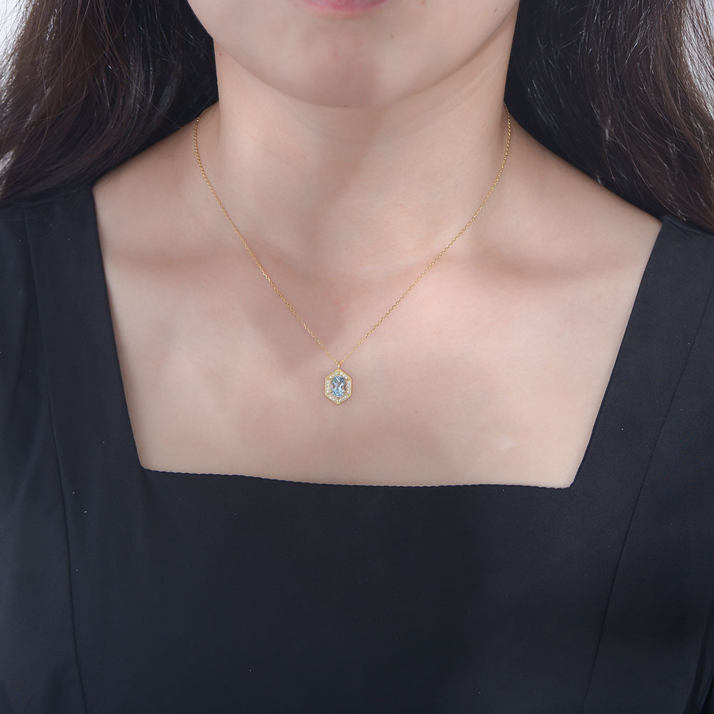 INS Simple Geometric Natural Sky Blue Topaz Sterling Sier Necklace for Women, Niche Design Sense, Light