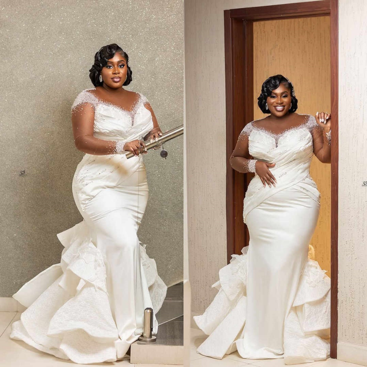 Plus Size Mermaid Wedding Dresses Appliques Pearls Long Sleeve Bride Dress Tiered Pleats Sweep Train Bridal Dress Customized