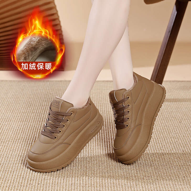Platform Thick Sole Solid Color Women's 2025 New Autumn Winter Sneakers Versatile Loafers Fleece Lined Cotton Shoes