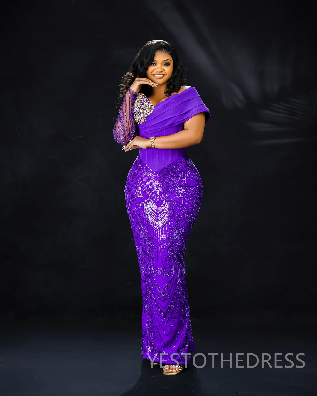 2025 Mermaid Plus Size Purple Prom Dresses For Black Women Aso Ebi Illusion Sheer Neck Long Sleeves Lace Flora Beaded Birthday Dress Second Reception 