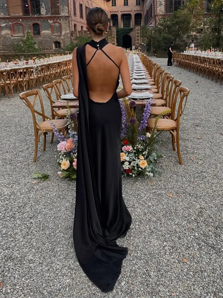Satin Ribbon Halter Long Dress Women Elegant Sleeveless Backless Waist Cinching Dragging Evening Dresses Chic Ladies Vestido 250813