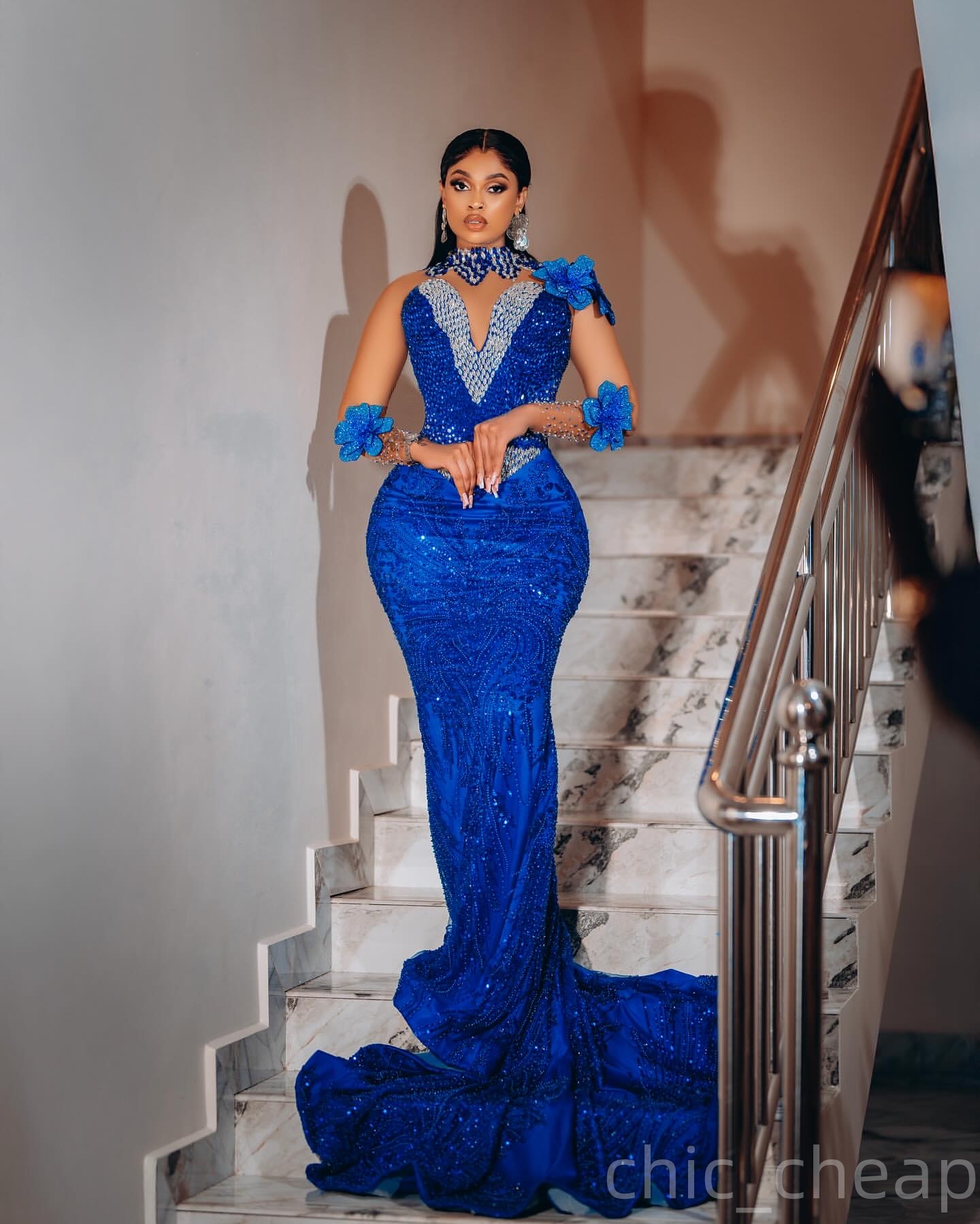 Royal Blue Mermaid Prom Dresses 2025 Flowers Crystals Sequined Evening Formal Party Second Birthday Engagement Gowns Plus Size Dress For Special Occas