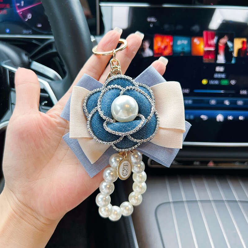 Unique Denim Color Block Bow Keychain with Rhinestone Edge Camellia Pearl Chain Bag Pendant