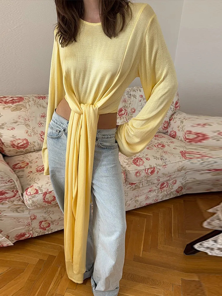 Chic Bow Lace Up Solid Sweater For Women Ribbons O-neck Full Flare Sleeve Tops 2025 Autumn Elegant Female Daily Casual Outerwear 250813