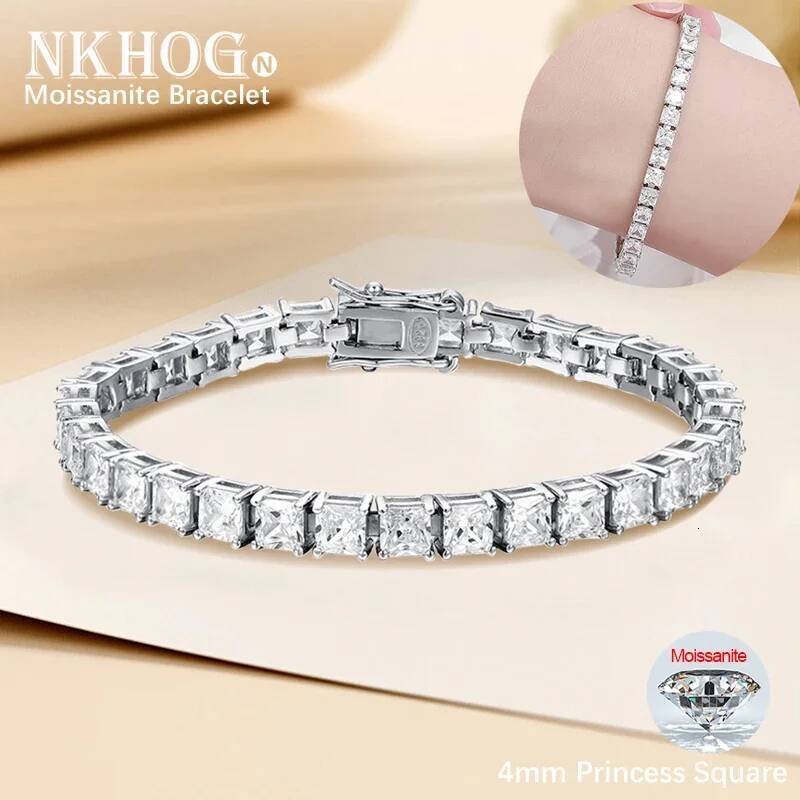 NKHOG Real 4mm Princess Cut Square Moissanite Tennis Bracelet Women Men S925 Silver Party Wedding Bangles GRA Fine Jewelry Gifts