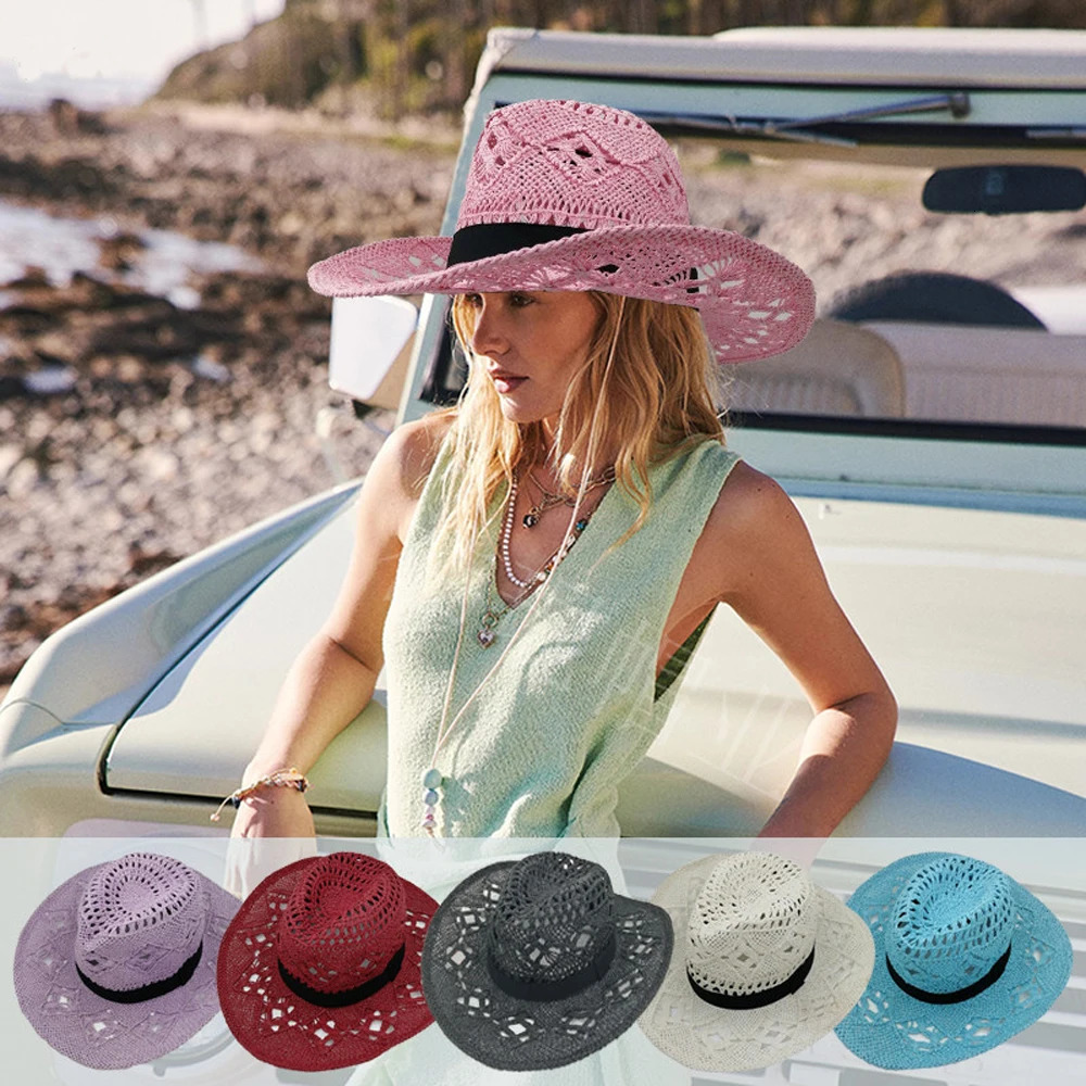 2024 Western Crochet Cowboy Straw Hats for Women Men Solid Color Wide Brim Beach Sun Hat Handmade Hollow Out Cowgirl Cap 250813
