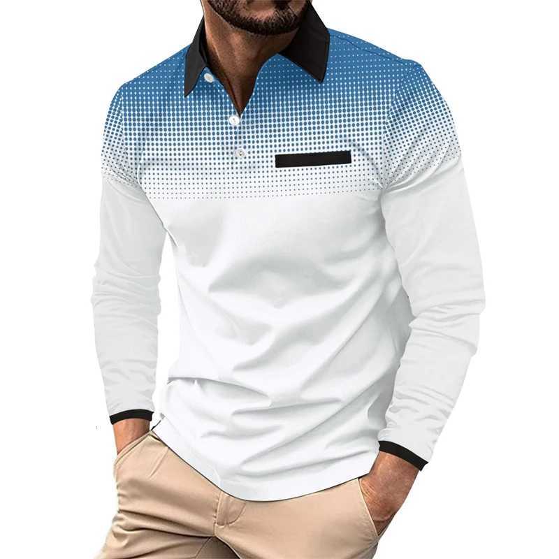 Fashionable 3D Digital Contrasting Print Mens Lapel Long Sleeved Polo Shirt with Button Design for Comfortable Outdoor WearXJ250804