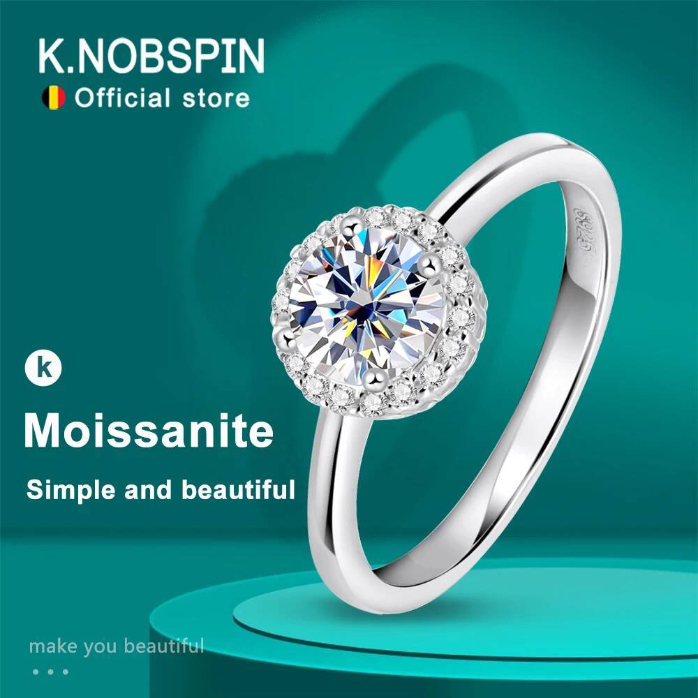 KNOBSPIN 1ct D VVS1 Moissanite Rings for Women Engagement Wedding Lab Diamond with GRA S925 Silver Plated 18k White Gold Ring