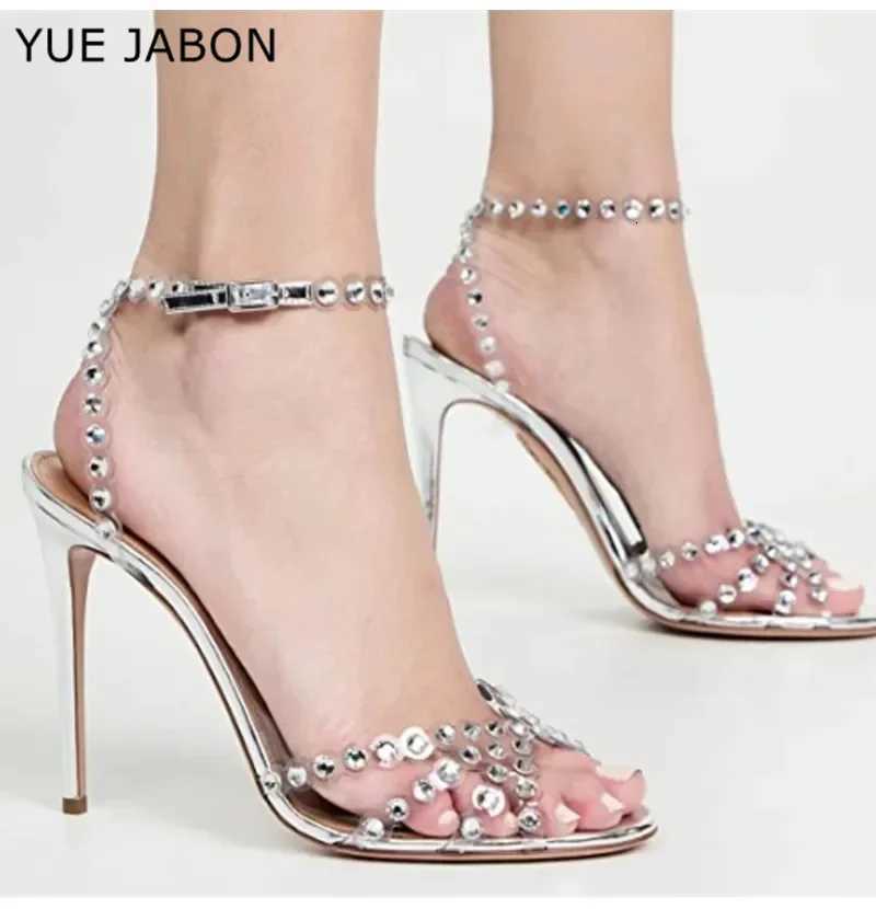 Luxury Rhinestone Silver Women Sandals Sexy Narrow Band Ankle-Wrap Thin High Heels for Women Summer Elegant Banquet Dress Shoes W250814