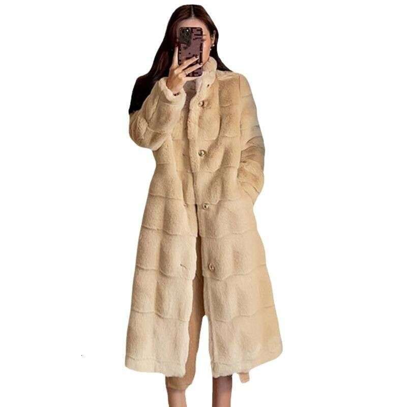 Faux Fur Coats Women Mid Length Coat Thick Warm Stand Collar White Apricot Open Stitch Autumn Winter Maxi Furry Outerwear