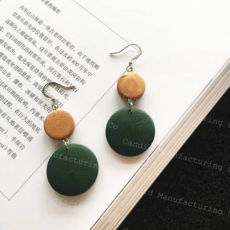 Korean Style Wood Color Contrast Geometric Earrings with Exaggerated Tassel Long Wooden Pearl Stone Accessories