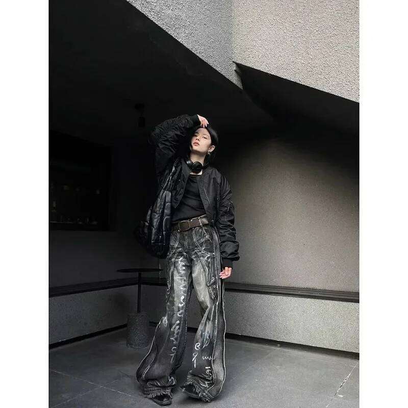Women Black Gothic Y2k Graffiti Jeans Vintage Hip-hop Baggy Aesthetic Washing Fashion Striped Pants Korean Trashy Denim Trousers