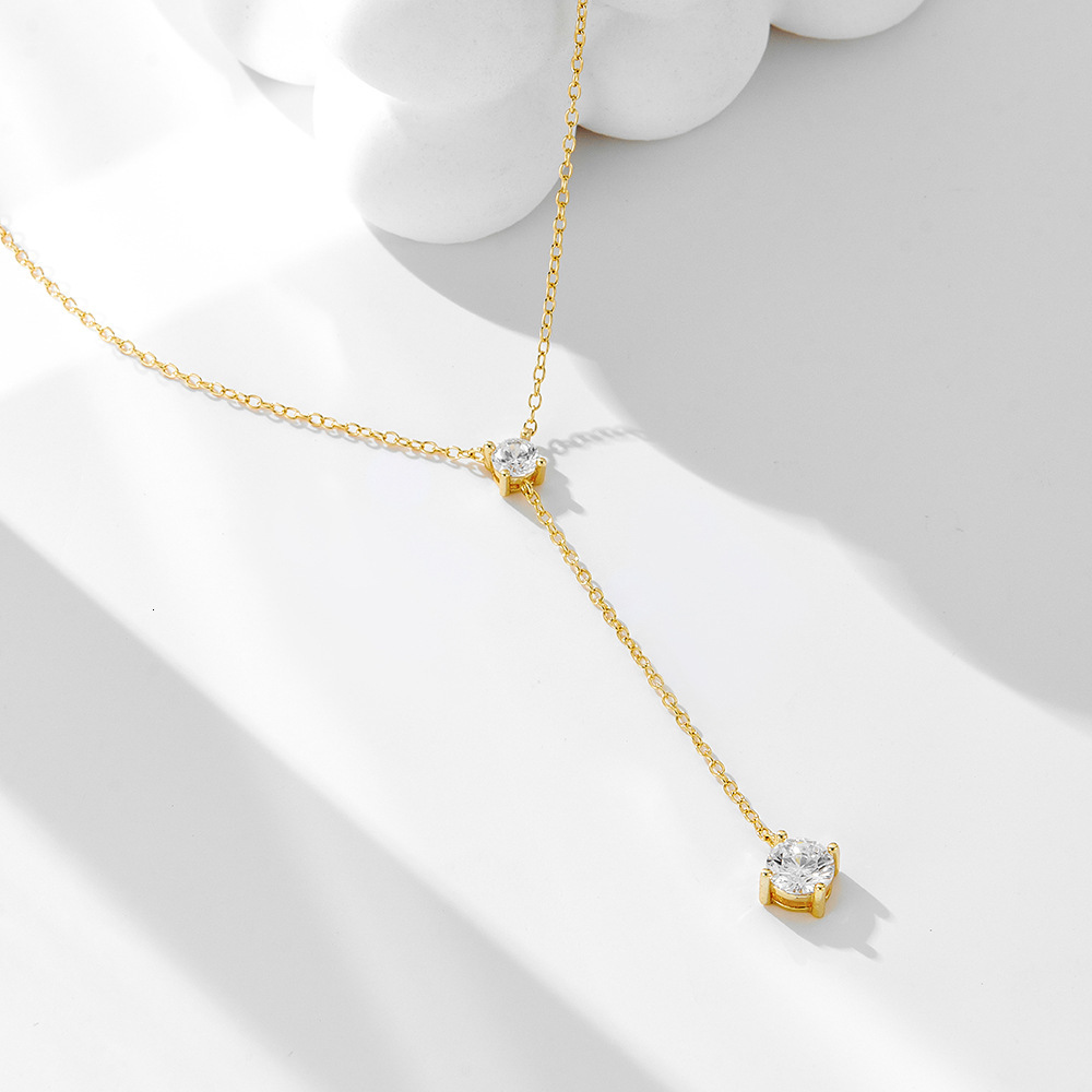 S Pure Sier Y-Shaped Tassel Collarbone Necklace for Women, Ins Style Simple Dia-Studded Light Sweater Chain