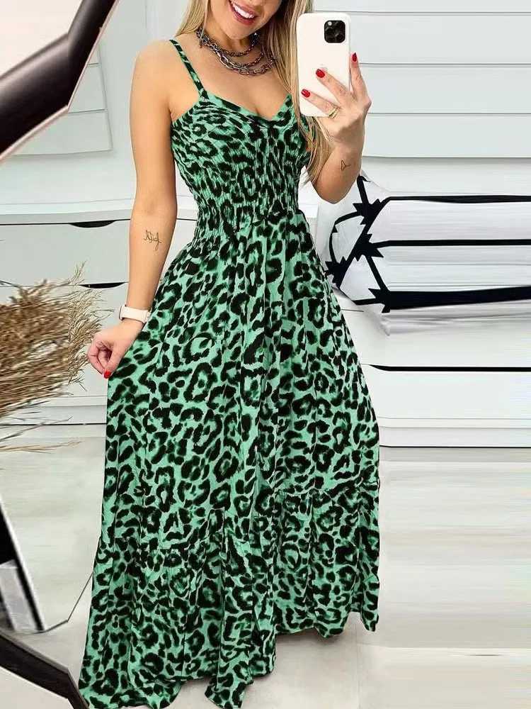 2025 Summer Sexy V-neck Paghetti Strap Long Dress Leopard Print Womens Fashion Ele Fe New Party Dress XJ250814