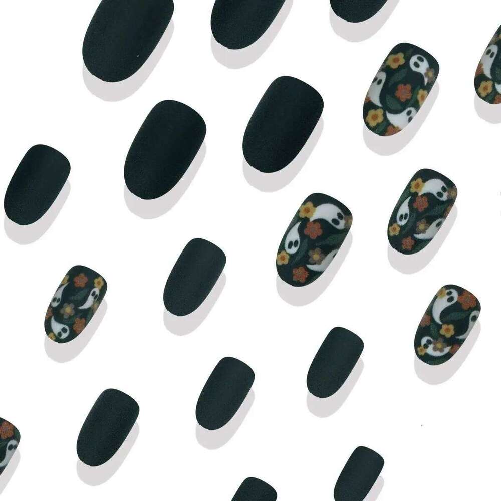 24pcs Al Cute Flower Ghost Pattern Design Fake Press On Halloween Short Oval Fashion Matte False Nails Wearable X250814