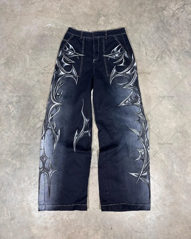 Y2K Harajuku Retro Blade Fashionable Versatile Jeans Men Street Hip-hop Casual Loose Straight Wide-leg Pants Women 250813