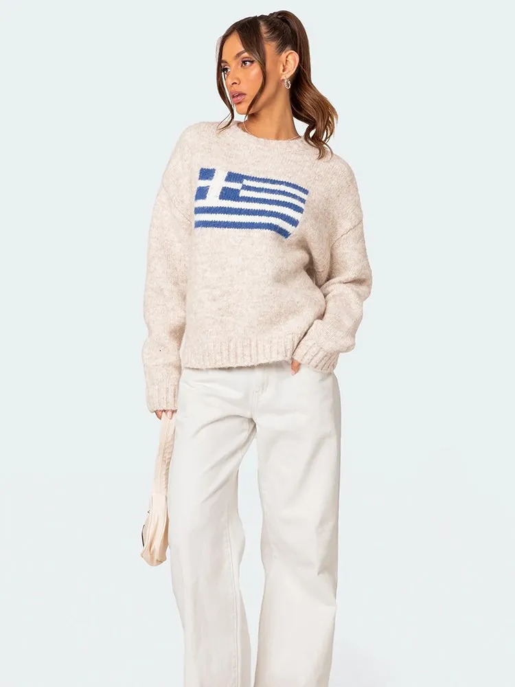 Harajuku Hip Hop Knitted Mens Womens Sweater Fashio FLAG Pattern Printing Loose Tops Casual Streetwear Pullover 250808