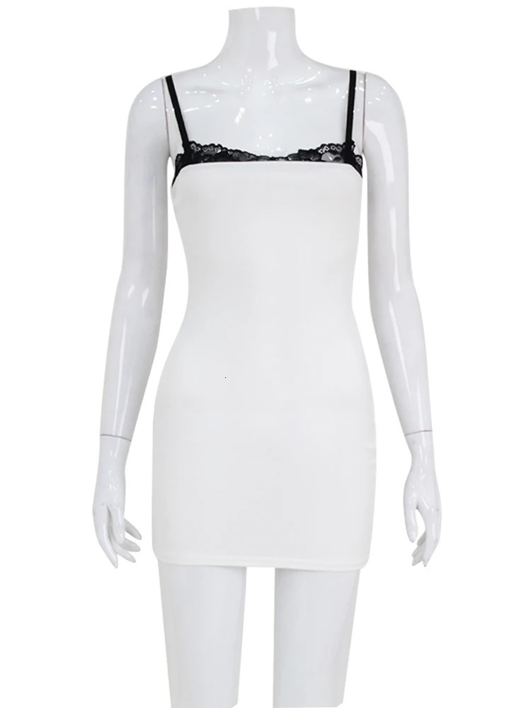 Lace Patchwork Spaghetti Dresses For Women Fashion Sexy Club Y2K Sleeveless Slash Neck Skinny Mini Vestidos Robes Female Bodycon 250813